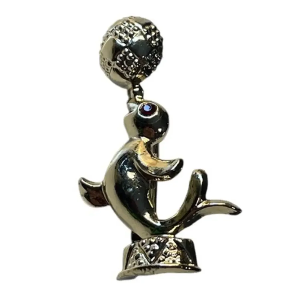 Vintage Circus Seal Brooch Red Rhinestone Eye 1960s Gold Tone Playful Animal Pin